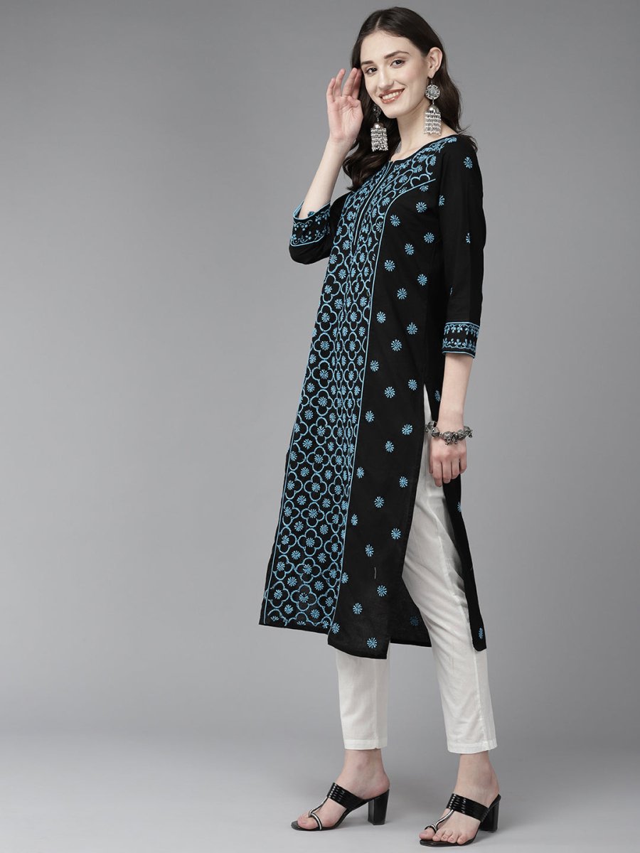 ADA Women Floral Embroidered Cotton Chikankari Kurta - Distacart