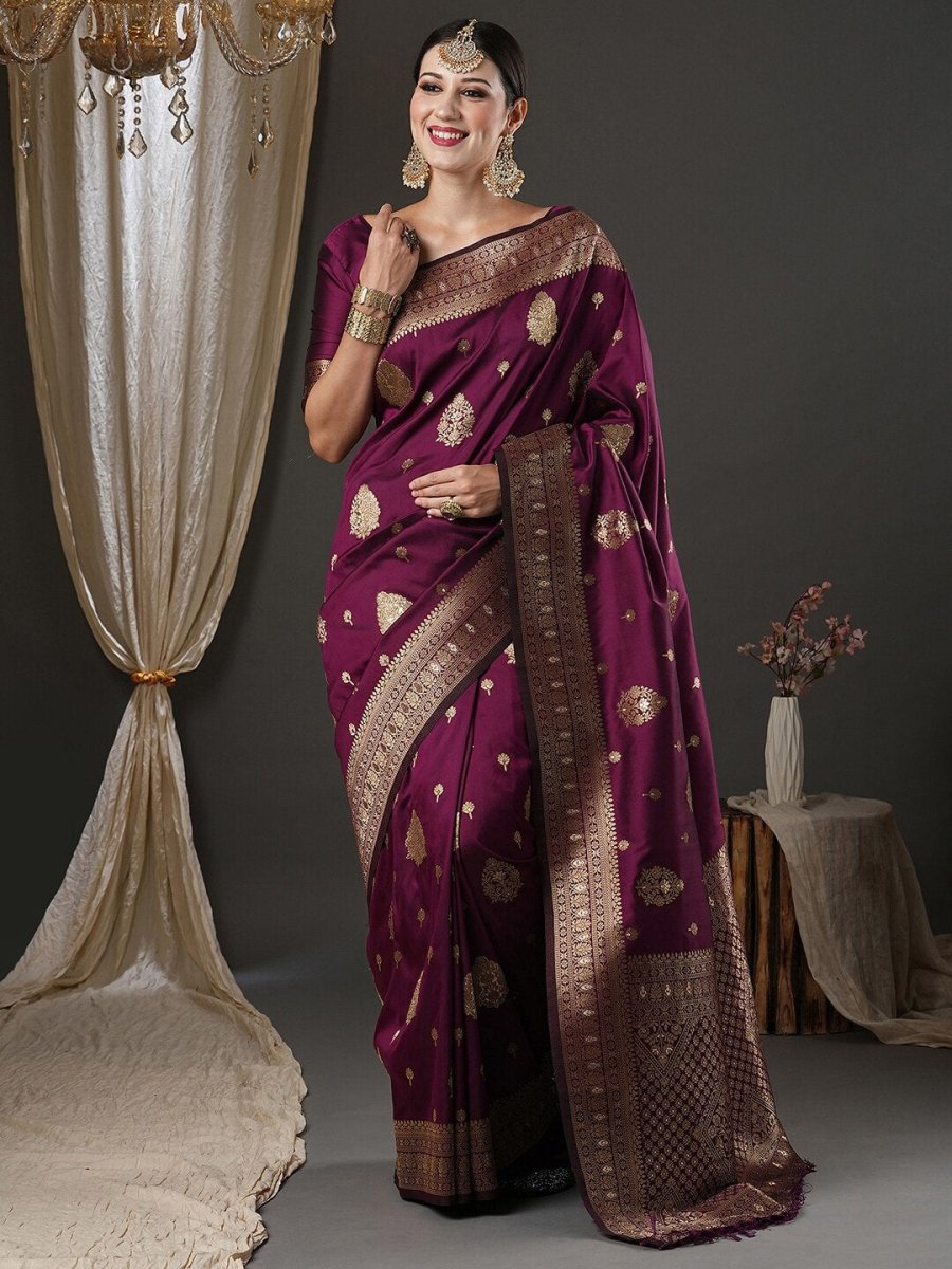 Anouk Purple & Gold-Toned Ethnic Motifs Zari Banarasi Saree - Distacart
