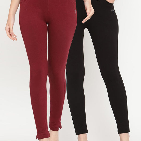 TAG 7 Set Of 2 Maroon & Black Solid Leggings - Distacart
