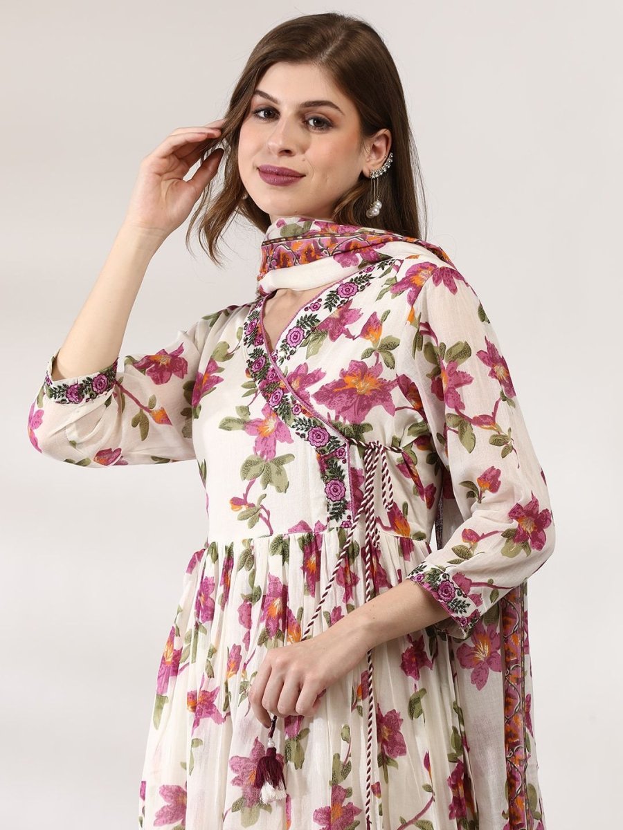 Anouk Floral Printed V-Neck Angrakha Thread Work Pure Cotton Kurta with Trousers & Dupatta - Distacart