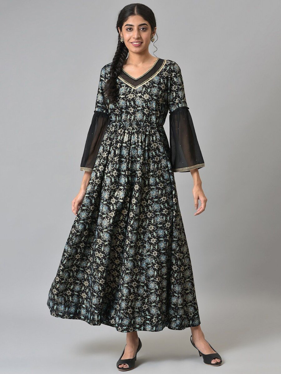 AURELIA Black Floral Printed Liva Maxi Dress - Distacart
