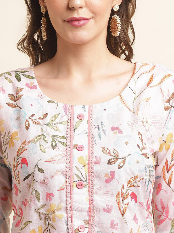 Ode by House of Pataudi Pink Floral Printed Sequinned Linen Kurta With Trousers & Dupatta - Distacart