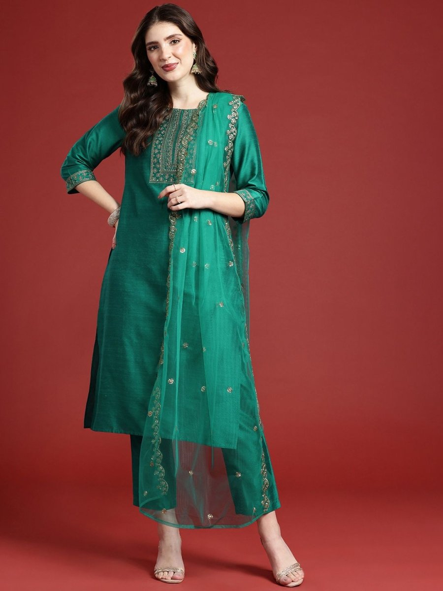 Anouk Ethnic Motifs Embroidered Kurta with Trousers & Dupatta