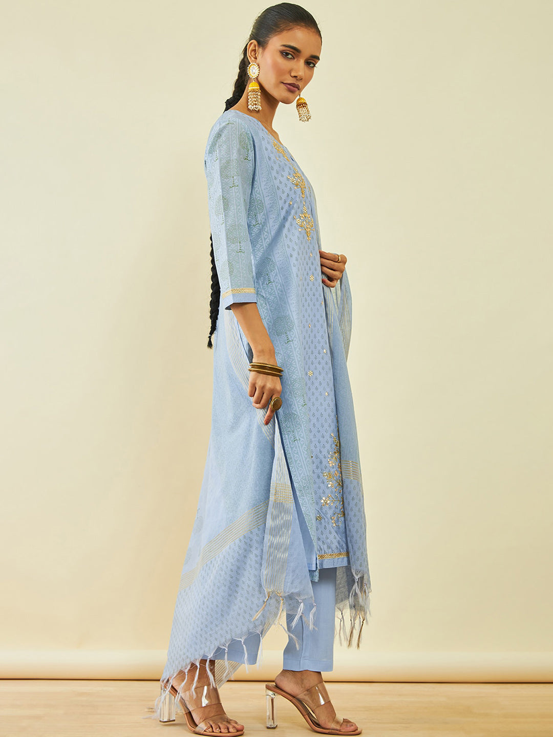 Soch Ethnic Motifs Embroidered Gotta Patti Chanderi Silk Kurta With Trousers & Dupatta - Distacart