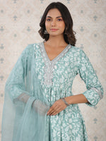 Thumbnail for Ode by House of Pataudi Floral Printed Pure Cotton Kurta With Palozza & Dupatta - Distacart