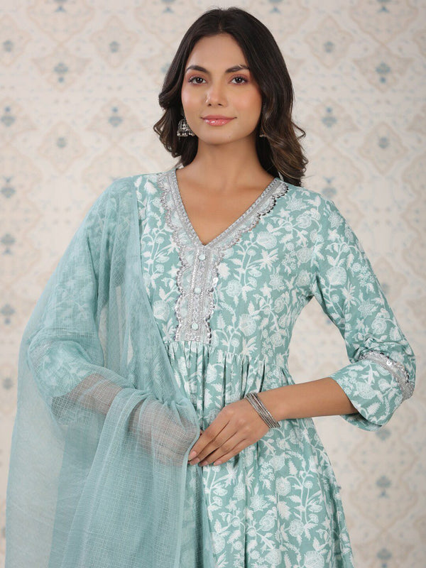 Ode by House of Pataudi Floral Printed Pure Cotton Kurta With Palozza & Dupatta - Distacart