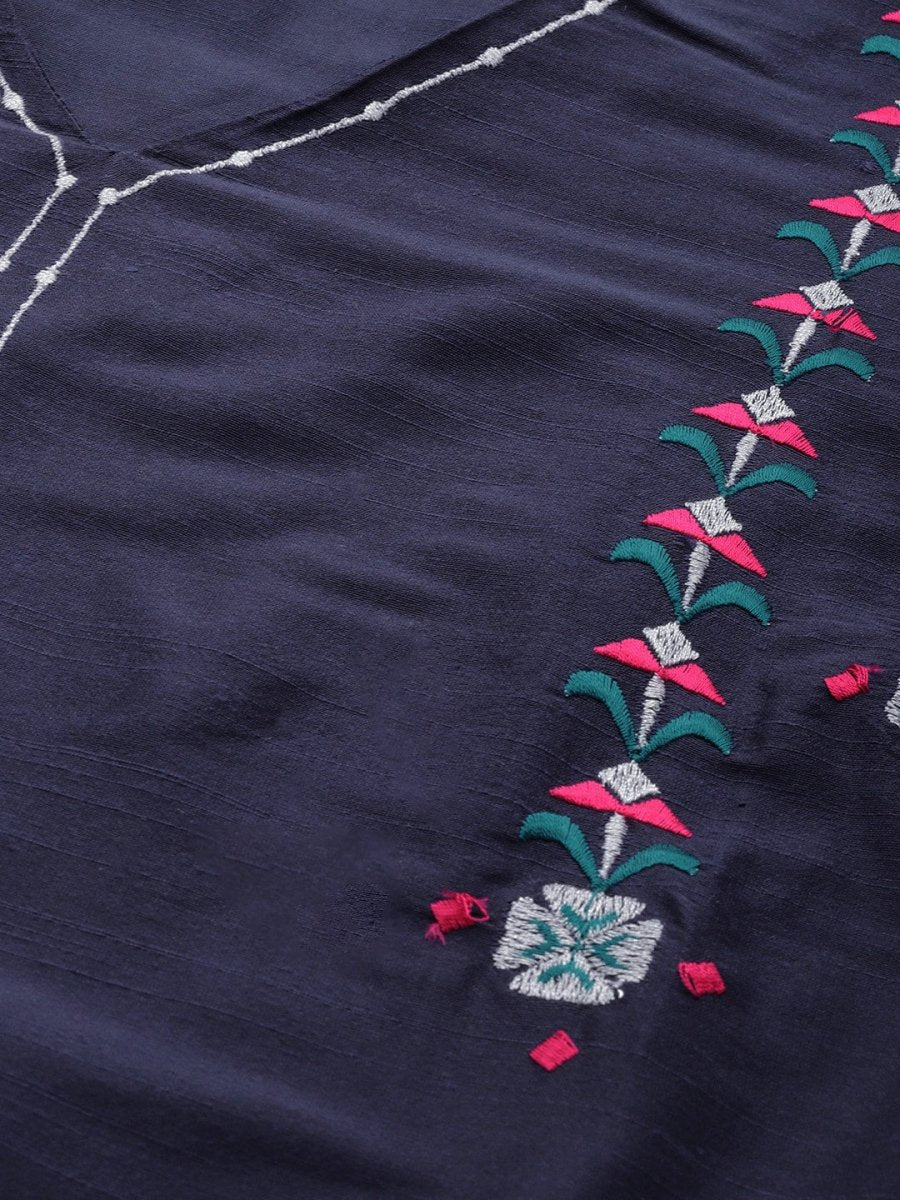 All About You Women Navy Blue Embroidered Regular Thread Work Kurta with Trousers - Distacart