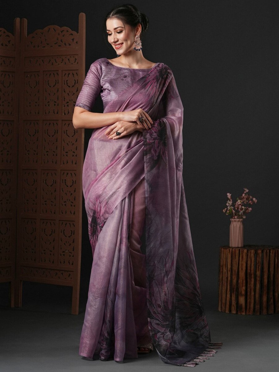 Anouk Mauve & Green Floral Printed Organza Saree - Distacart
