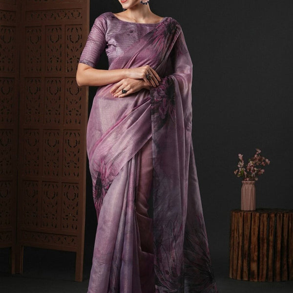 Anouk Mauve & Green Floral Printed Organza Saree - Distacart