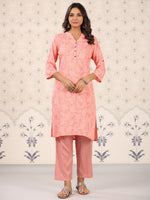 Thumbnail for Ode by House of Pataudi Coral & White Floral Printed Mandarin Collar Kurta With Palazzos - Distacart