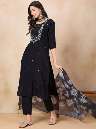 Anouk Black Ethnic Motifs Embroidered Chanderi Silk Straight Kurta & Trouser With Dupatta - Distacart