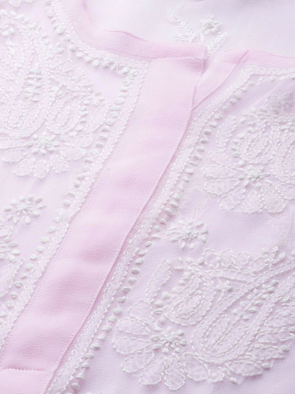 ADA Women Pink & White Chikankari Embroidered Handloom Kurta with Trousers - Distacart