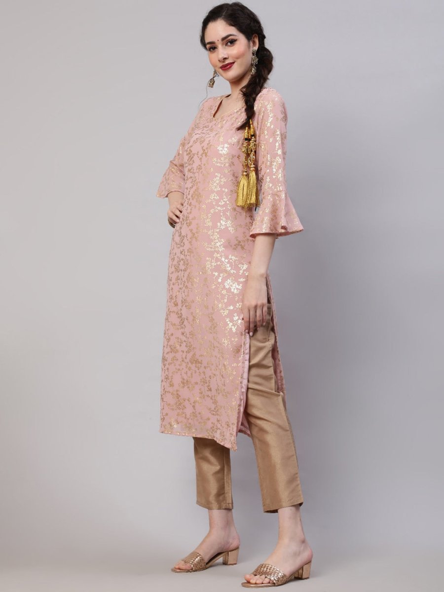 Aks Floral Printed Bell Sleeves Regular Kurta With Trousers - Distacart