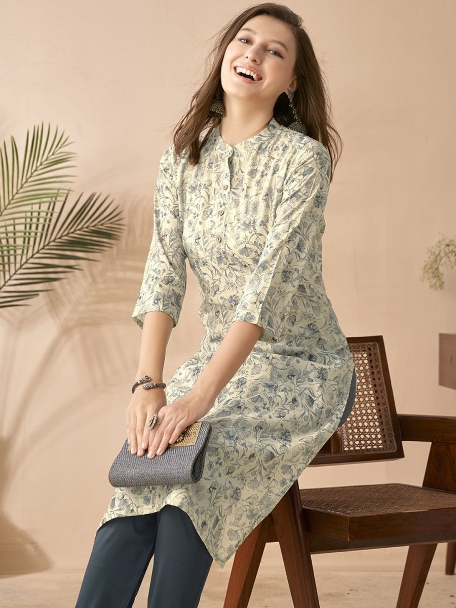Anouk White & Blue Floral Printed Mandarin Collar Chanderi Silk Straight Kurta - Distacart