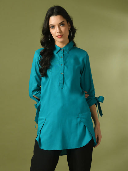 Myshka Women's Turquoise Blue Solid Cotton Longline Party Sheer Tunic - Distacart