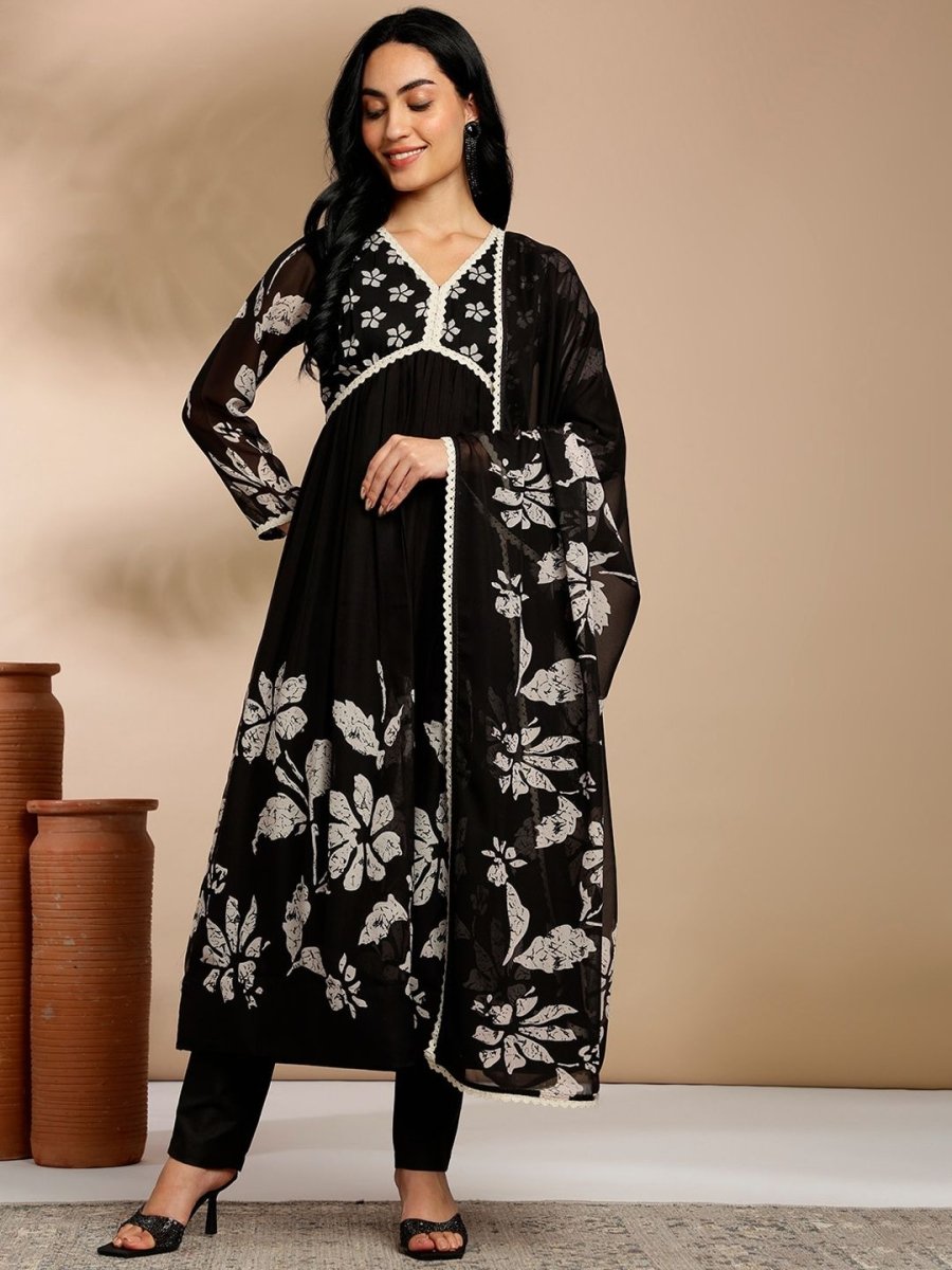 Anouk Floral Printed Empire Thread Work Kurta with Trousers & Dupatta - Distacart