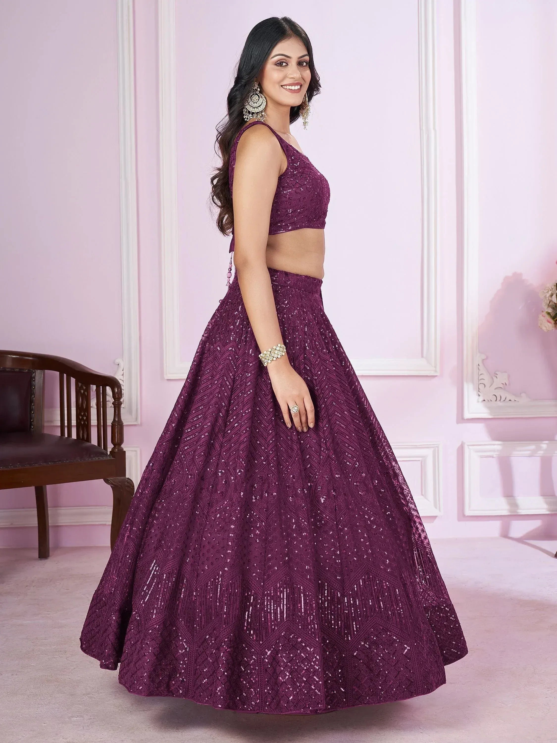 Tulsi Art Beautiful Purple Sequins Soft Net Function Wear Lehenga Choli