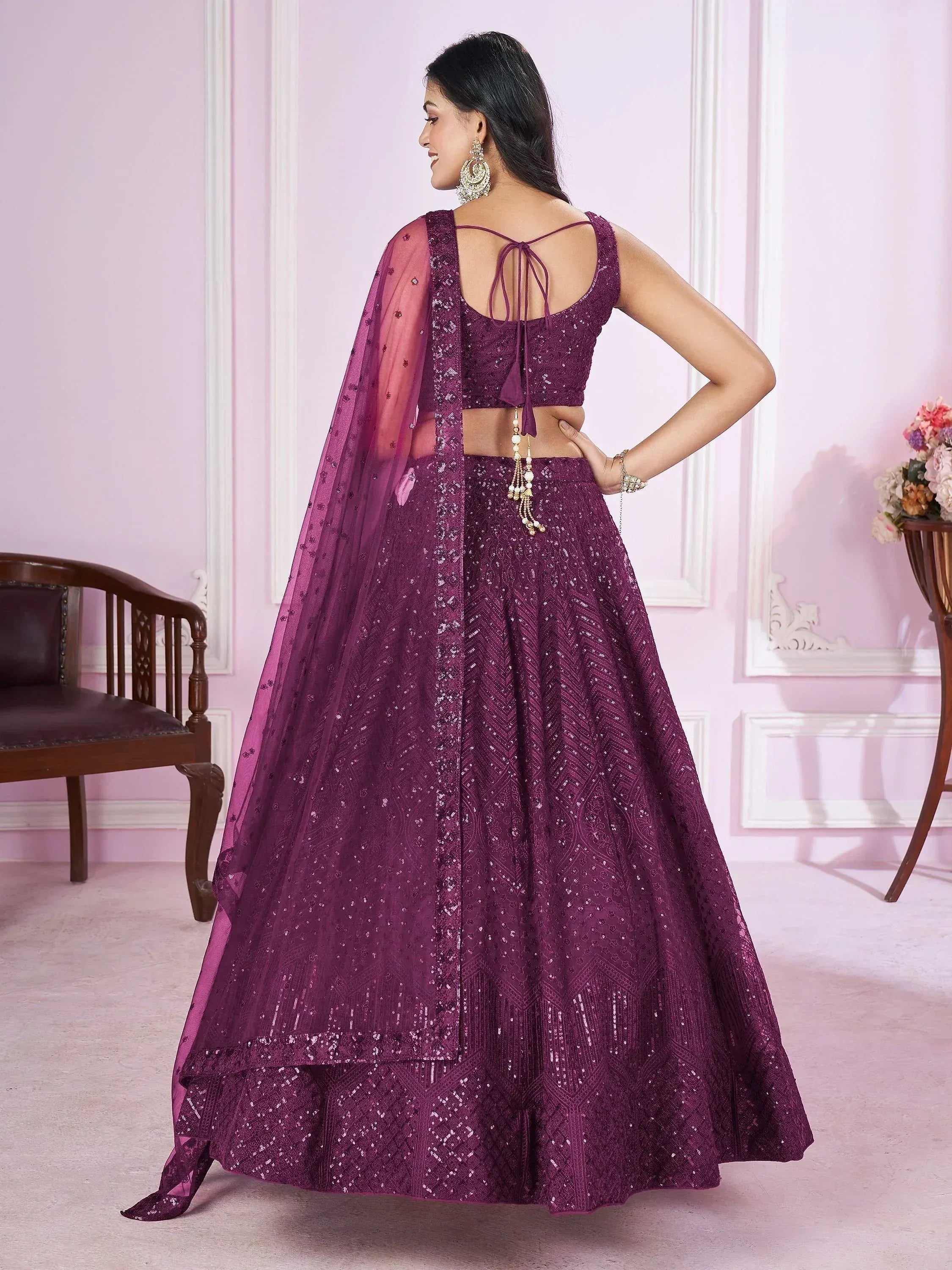 Tulsi Art Beautiful Purple Sequins Soft Net Function Wear Lehenga Choli
