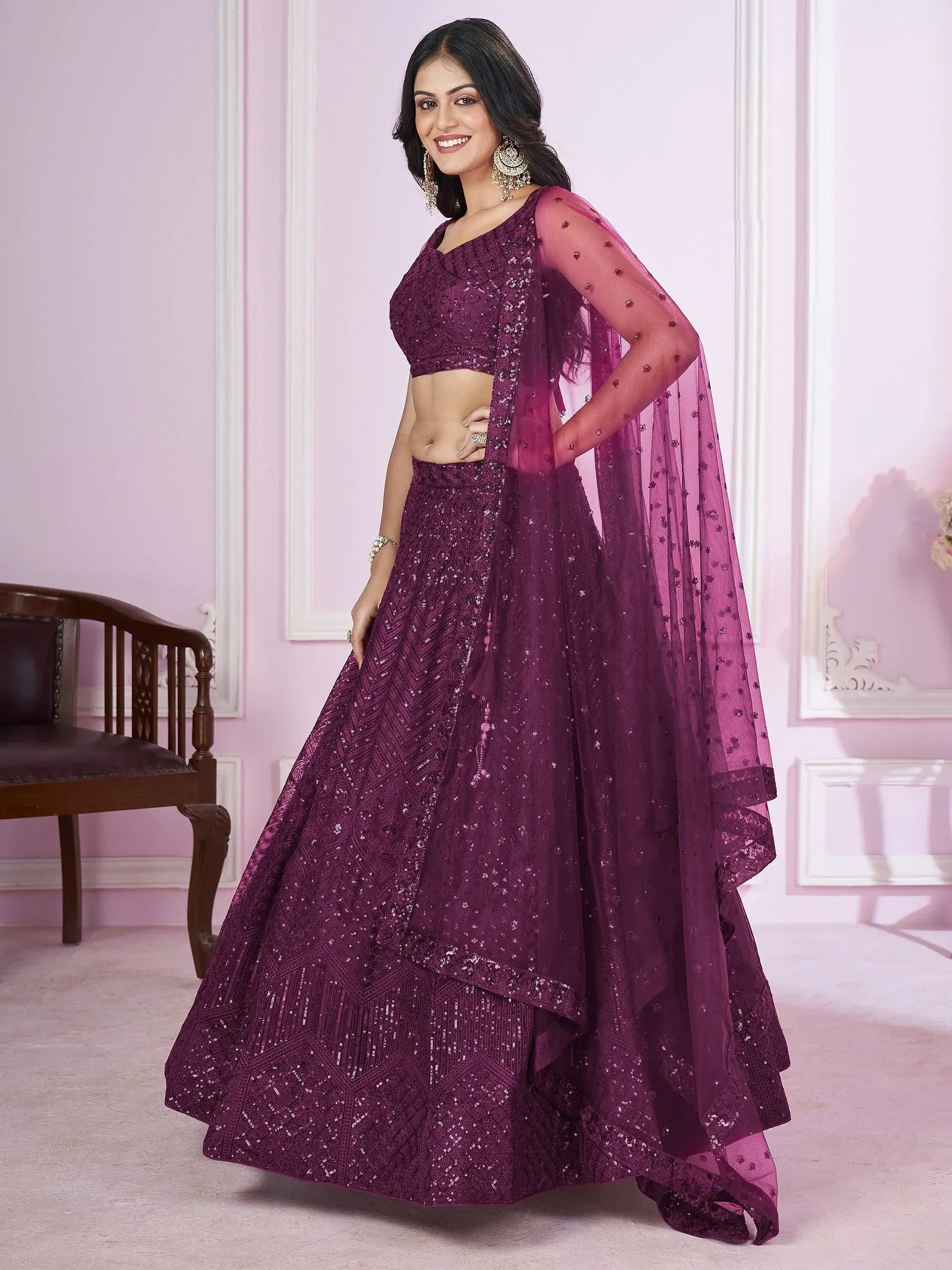 Tulsi Art Beautiful Purple Sequins Soft Net Function Wear Lehenga Choli