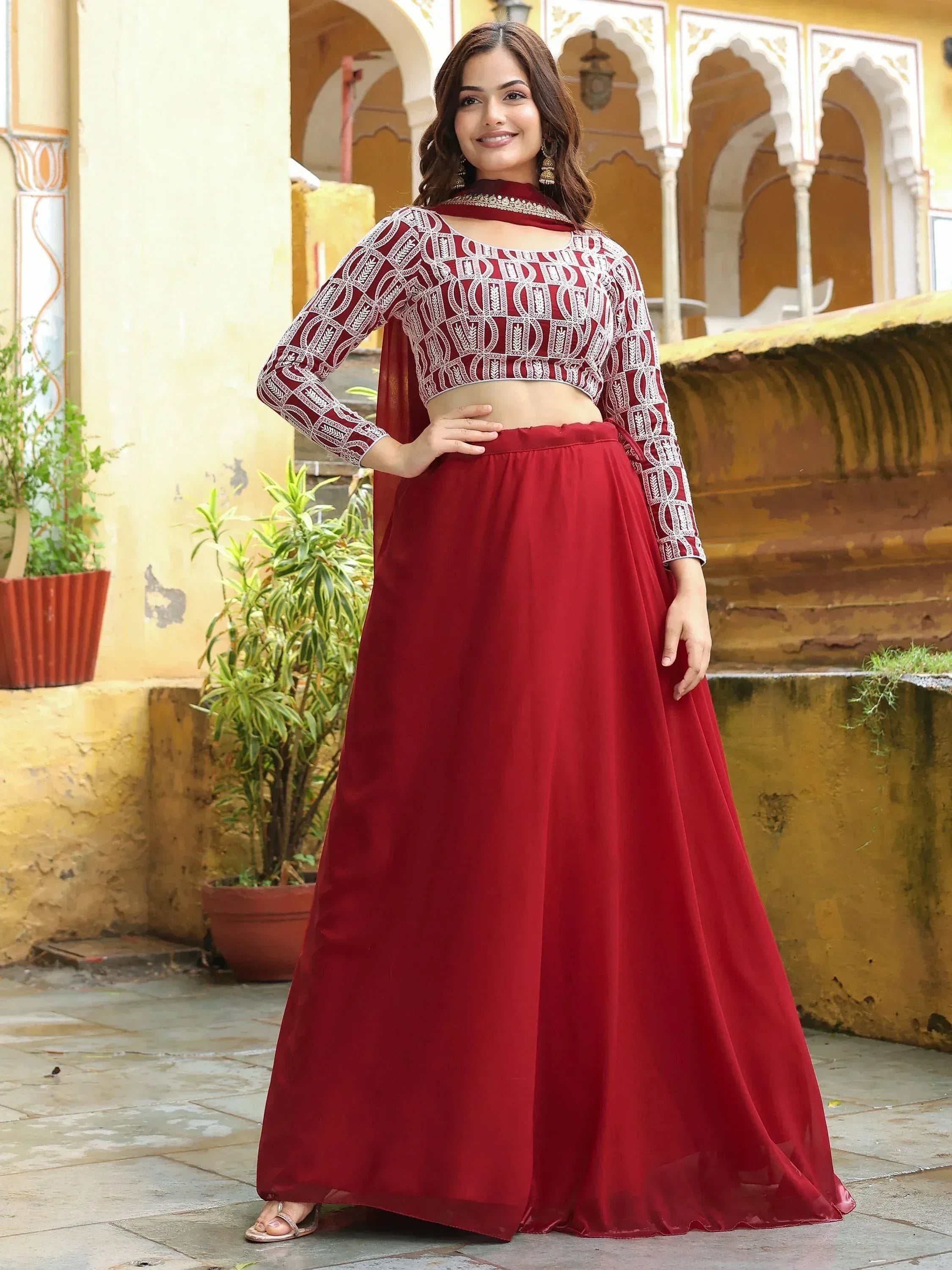 Tulsi Art Beautiful Red Sequins Georgette Function Wear Lehenga Choli - Dista