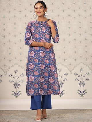 Ode by House of Pataudi Blue Floral Printed Regular Pure Cotton Kurti with Trouser - Distacart