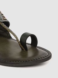 Thumbnail for House of Pataudi Men Olive Green & Gold-Toned Handcrafted Synthetic Leather Braided One-Toe Sandals