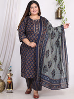 Thumbnail for Swasti Plus Size Ethnic Motif Printed Gotta Patti Cotton Kurta With Trousers & Dupatta