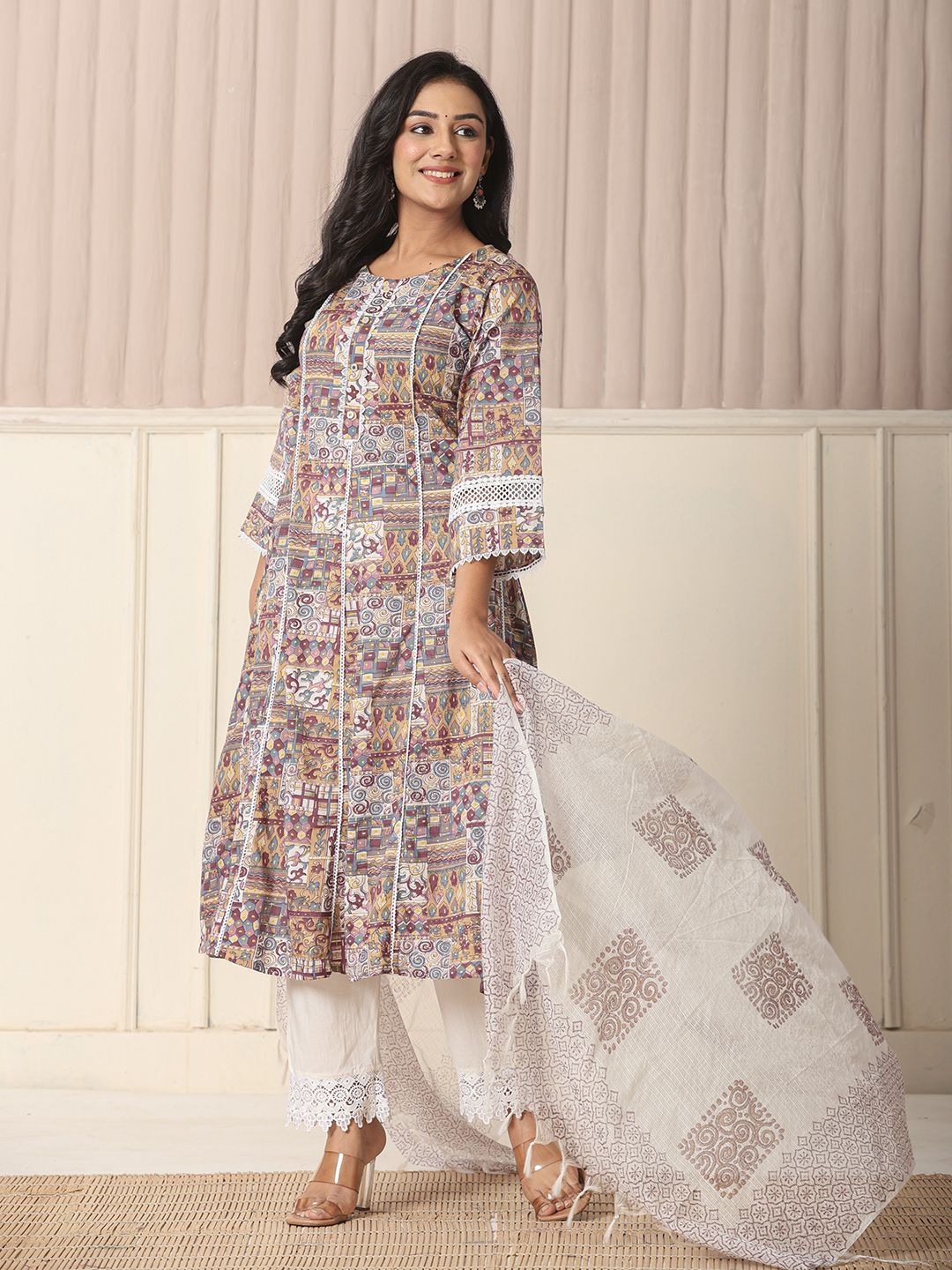 Yufta Beige Cotton Geometric Print Anarkali Kurta Pant Dupatta Set - Distacart