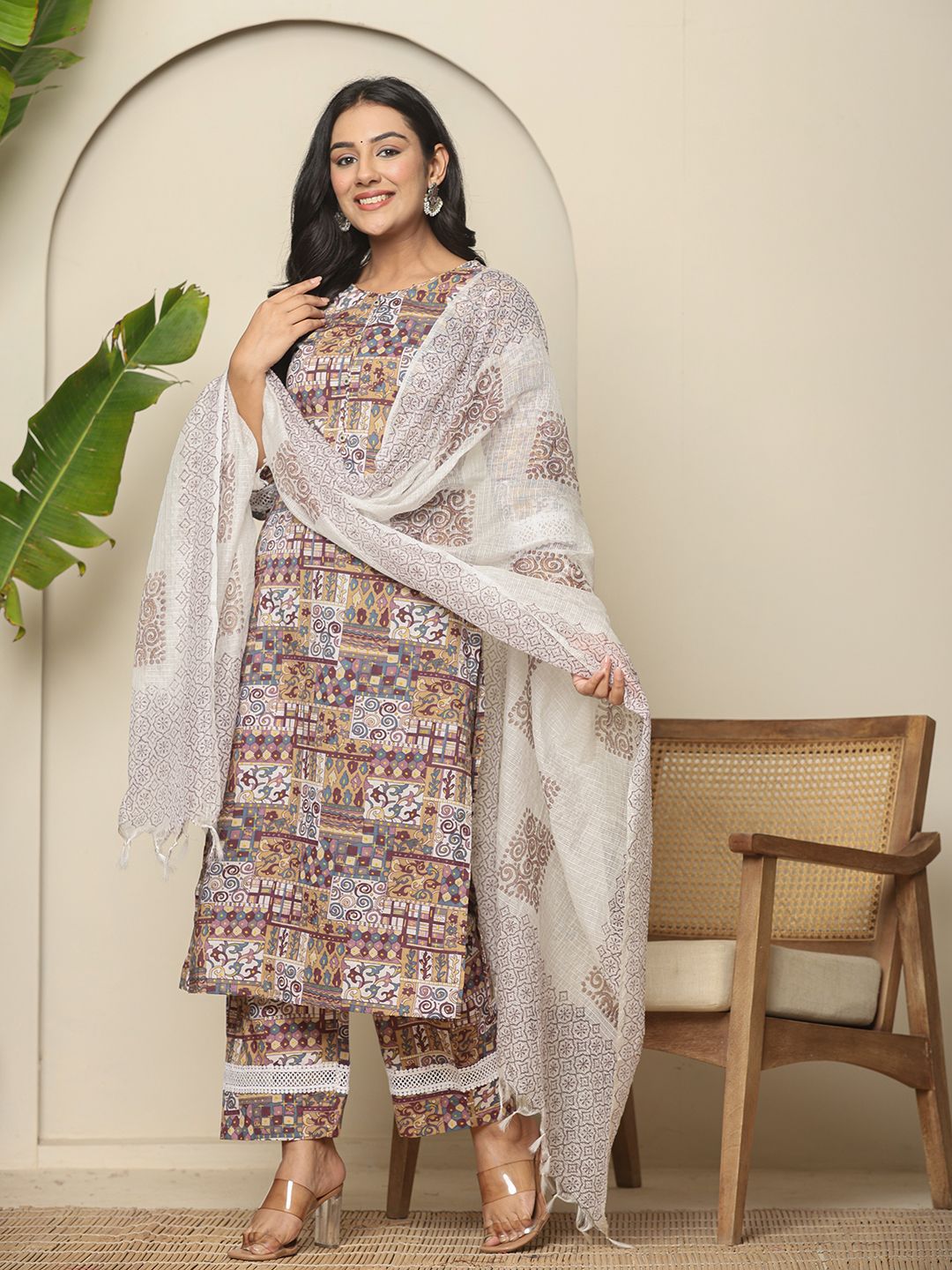 Yufta Beige Cotton Geometric Print Straight Kurta Pant Dupatta Set - Distacart