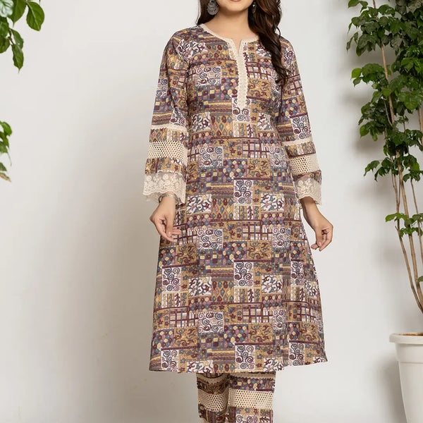 Yufta Beige Ethnic Motifs A-Line Kurta Pant Set - Distacart