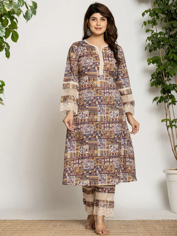 Yufta Beige Ethnic Motifs A-Line Kurta Pant Set