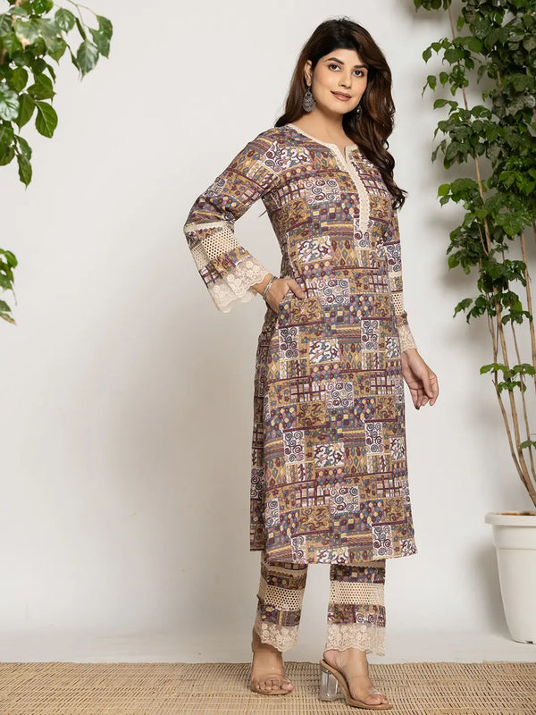 Yufta Beige Ethnic Motifs A-Line Kurta Pant Set