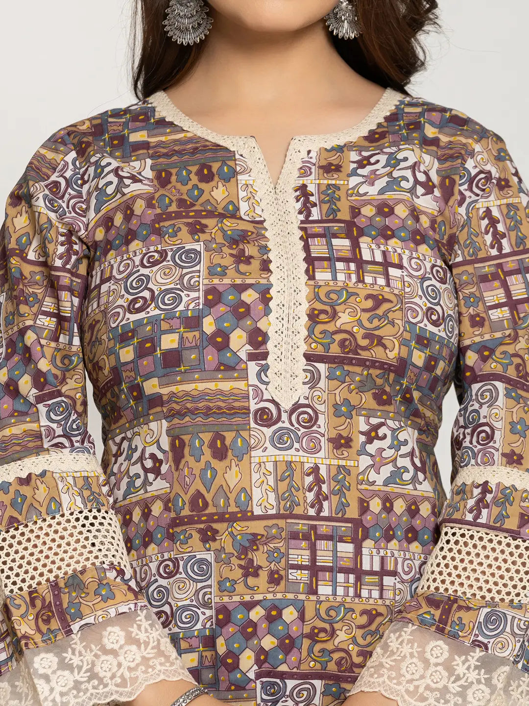 Yufta Beige Ethnic Motifs A-Line Kurta Pant Set