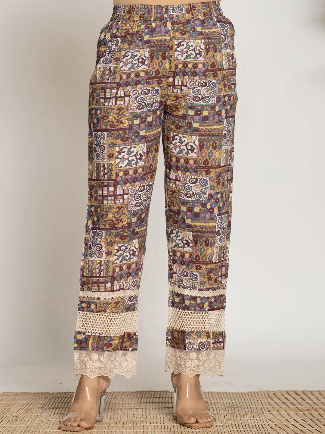 Yufta Beige Ethnic Motifs A-Line Kurta Pant Set