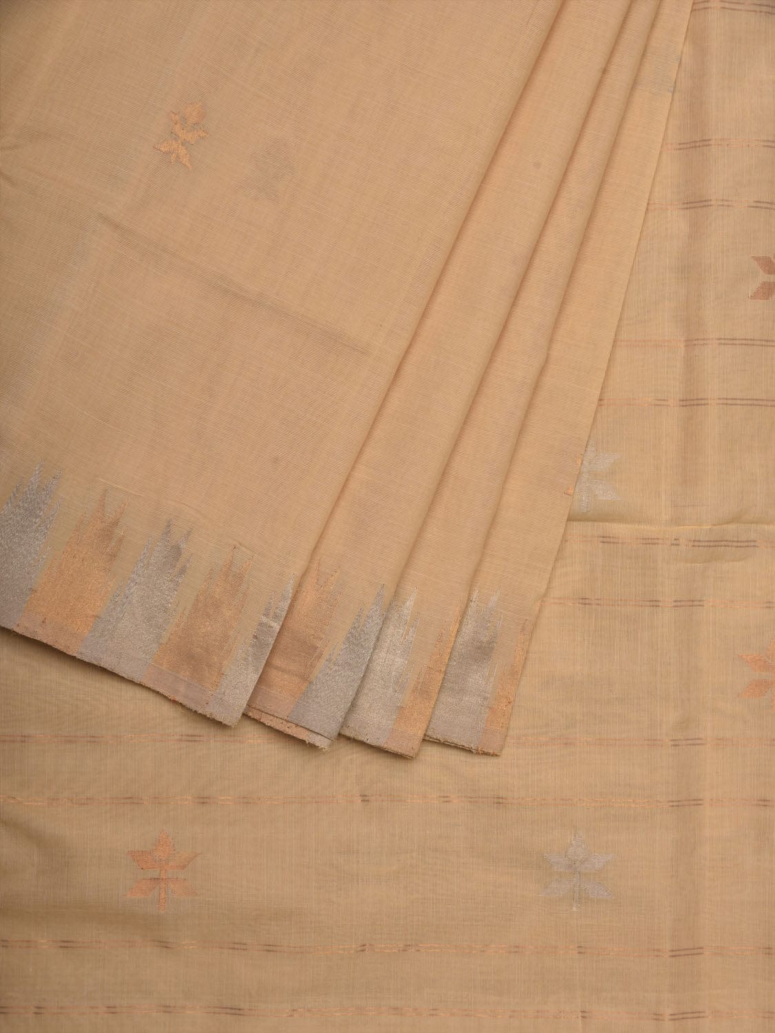 Beige Khadi Cotton Handloom Saree with Temple Border Design - Global Threads - Distacart