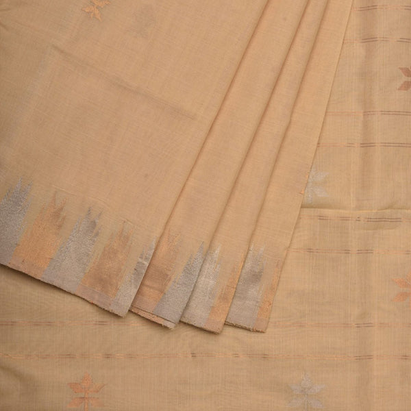 Beige Khadi Cotton Handloom Saree with Temple Border Design - Global Threads - Distacart