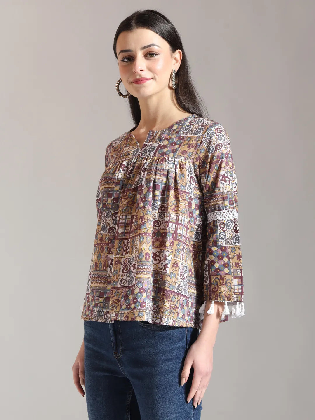 Yufta Beige Pure Cotton Geometric Gathered Or Pleated Top - Distacart