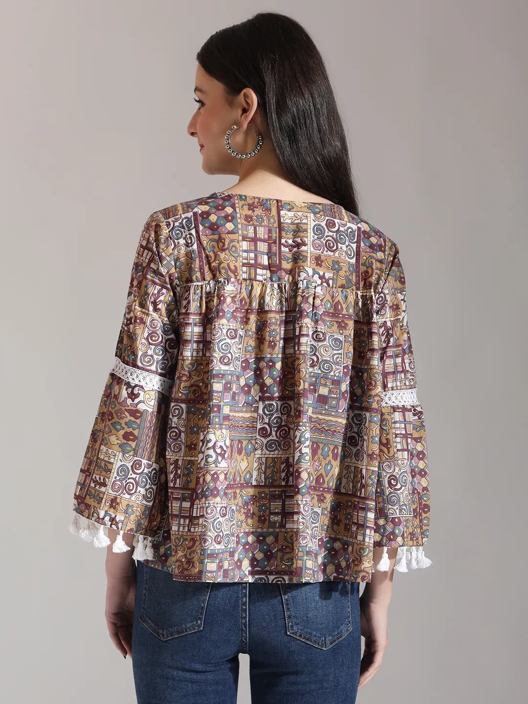 Yufta Beige Pure Cotton Geometric Gathered Or Pleated Top