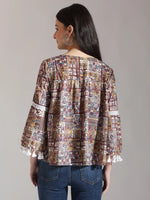 Thumbnail for Yufta Beige Pure Cotton Geometric Gathered Or Pleated Top