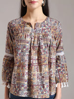 Thumbnail for Yufta Beige Pure Cotton Geometric Gathered Or Pleated Top