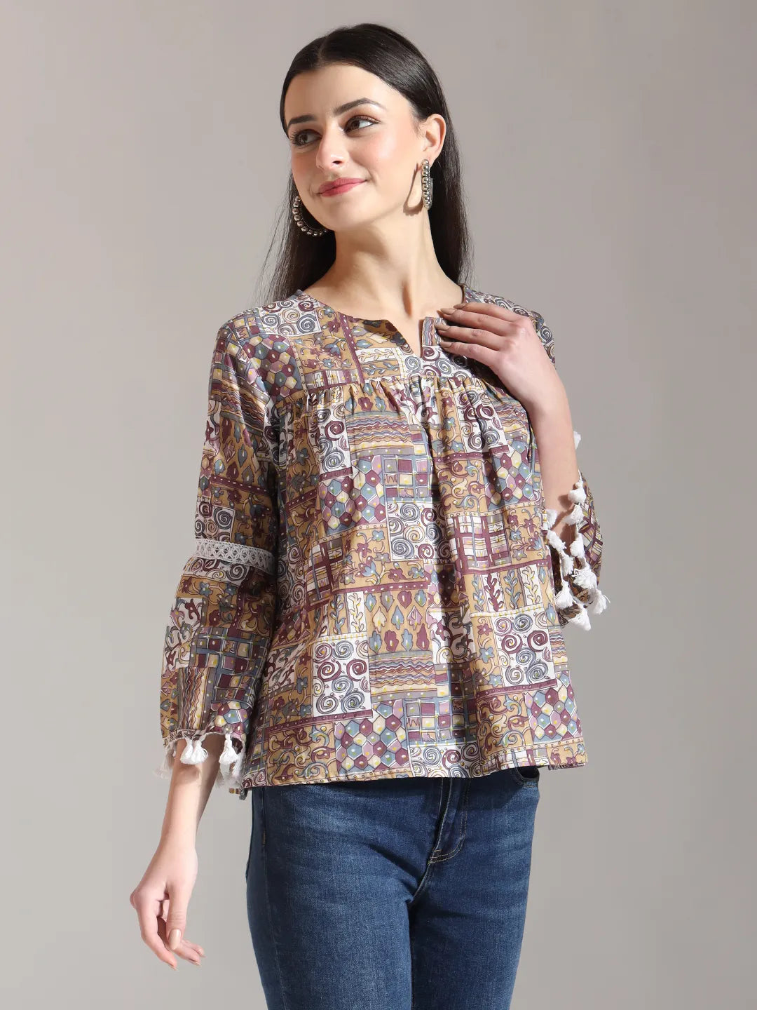 Yufta Beige Pure Cotton Geometric Gathered Or Pleated Top