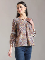 Thumbnail for Yufta Beige Pure Cotton Geometric Gathered Or Pleated Top