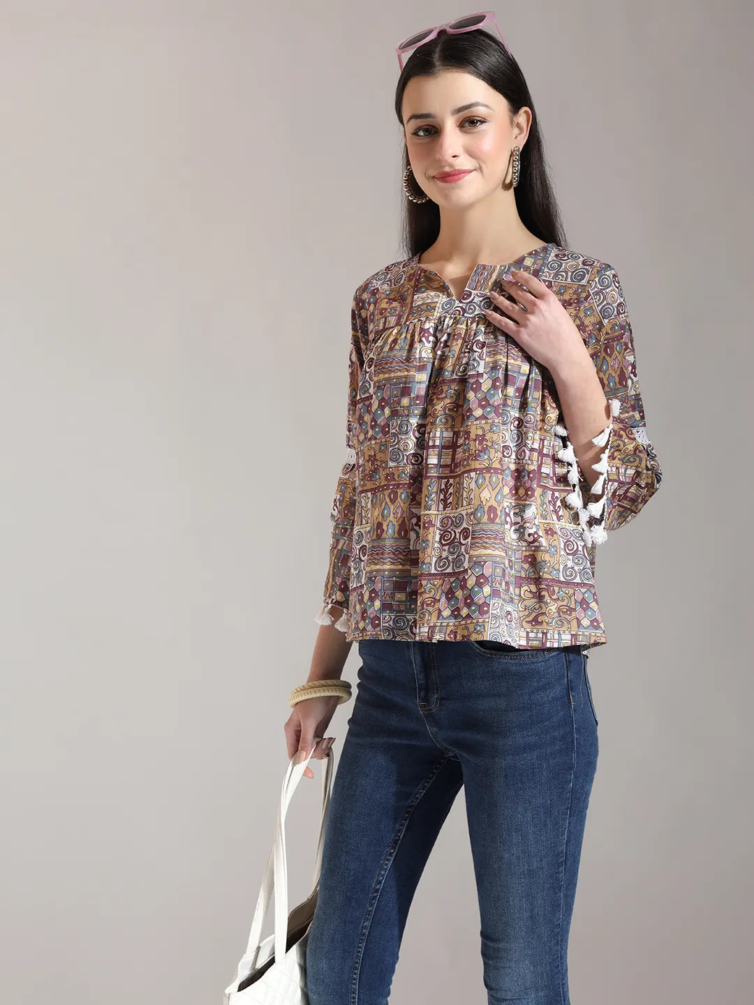 Yufta Beige Pure Cotton Geometric Gathered Or Pleated Top