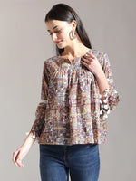Thumbnail for Yufta Beige Pure Cotton Geometric Gathered Or Pleated Top