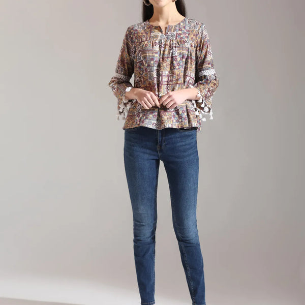 Yufta Beige Pure Cotton Geometric Gathered Or Pleated Top - Distacart