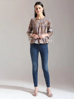 Thumbnail for Yufta Beige Pure Cotton Geometric Gathered Or Pleated Top