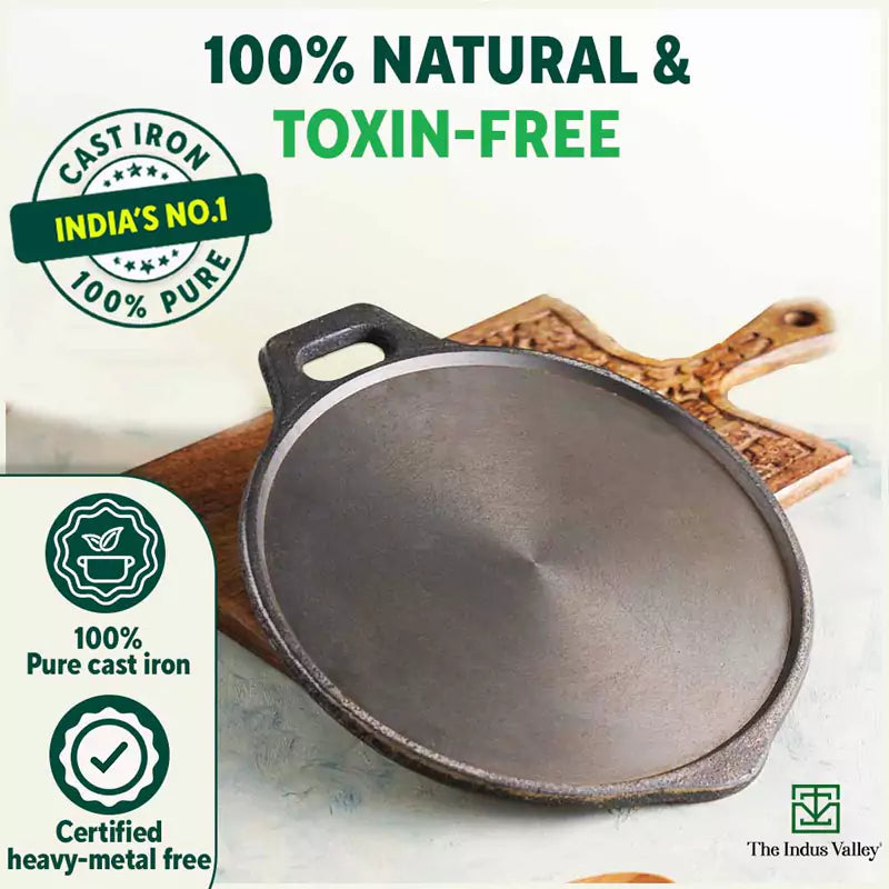 The Indus Valley Super Smooth Cast Iron Tawa,Pre-seasoned, Nonstick, 100% Pure, Toxin-free, Induction, 28/30.5cm, 2.8/2.9kg - Distacart