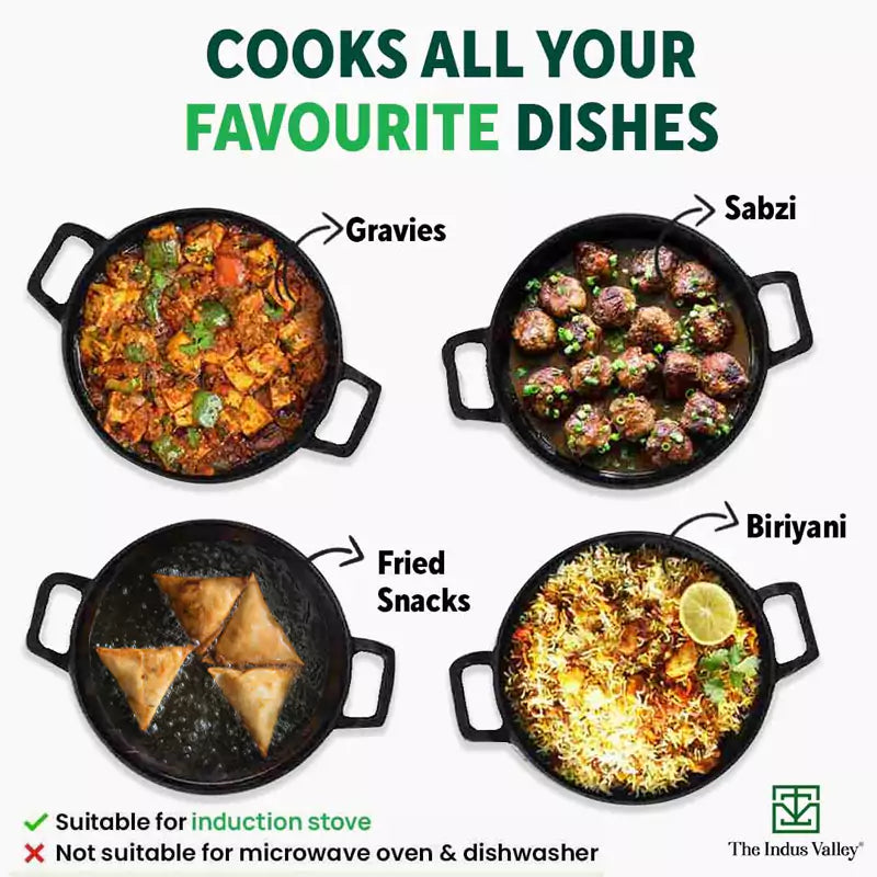 The Indus Valley CASTrong Cast Iron Kadai, Pre-seasoned, Nonstick, 100% Pure, Toxin-free, Induction, 21/25cm, 1.7L/3.3kg