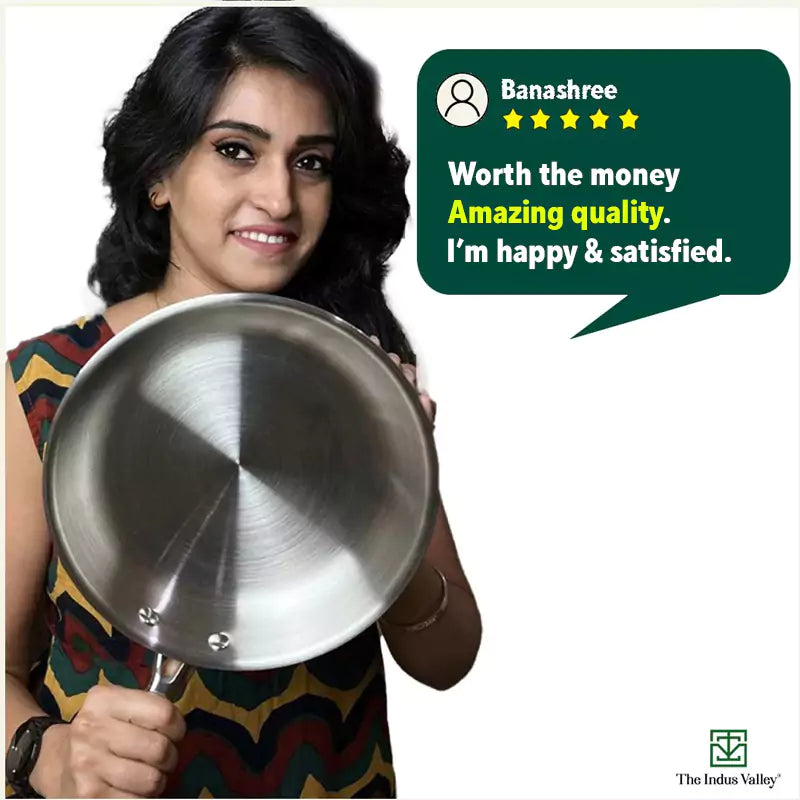 The Indus Valley TurboCuk Tri-ply Stainless Steel Fry Pan, Premium Quality, 3 Layer Thick Body, 100% Toxin-free, Non-stick, Induction & Gas,Spatula, 22/24/26 cm, 1.5/1.7/1.9L