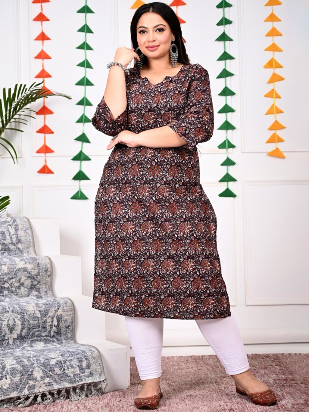 Swasti Brown Floral Printed Cotton Straight A-Line Kurta